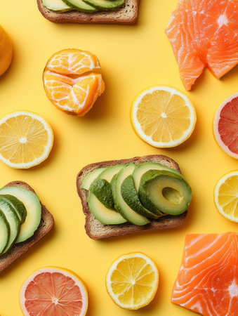 Enjoy a vibrant breakfast with avocado toast topped with cucumber, fresh salmon, and assorted citrus fruits on a sunny yellow backdrop.の素材