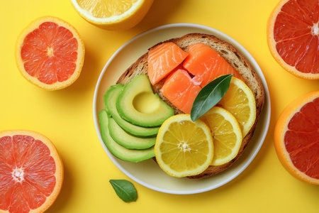 A colorful breakfast spread showcases avocado toast topped with salmon and garnished with fresh citrus slices on a vibrant yellow background.の素材