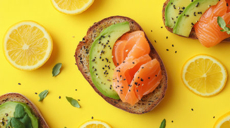 A colorful breakfast spread showcases avocado toast with salmon and fresh citrus slices, brightening up the table with its yellow backdrop.の素材