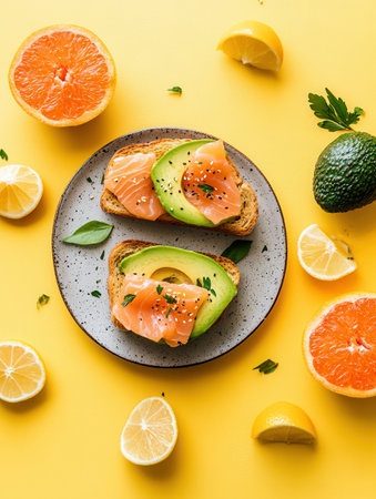 Enjoy a nutritious breakfast spread showcasing avocado toast topped with salmon, complemented by fresh citrus fruits on a bright background.の素材