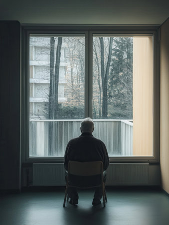 An elderly man sits silently on a chair, staring out the window at a tranquil landscape, symbolizing solitude in a nursing home.の素材