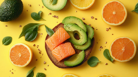 A colorful breakfast spread showcases creamy avocado toast topped with salmon, surrounded by fresh citrus fruits and herbs.の素材