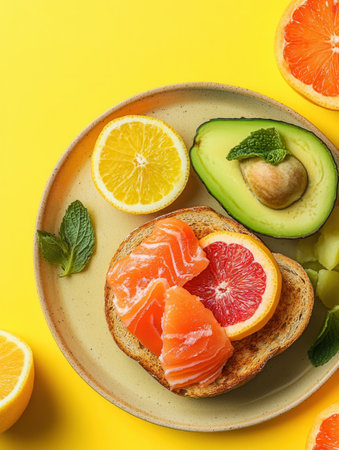 Savor a nutritious breakfast featuring avocado toast topped with salmon, complemented by fresh citrus on a cheerful yellow background.の素材