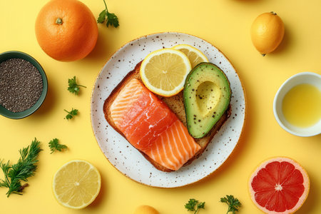 Brighten your morning with a healthy breakfast featuring avocado toast, smoked salmon, and refreshing citrus fruits on yellow.の素材
