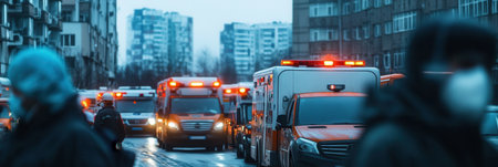 Medical personnel in masks manage the overwhelming influx of ambulances at hospitals during a public health crisis in bustling cities.の素材