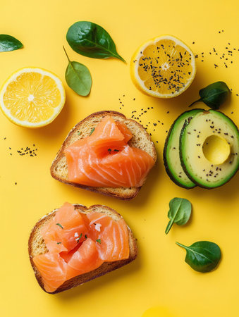 Enjoy a nutritious breakfast featuring avocado toast topped with salmon, complemented by fresh citrus slices on a cheerful yellow surface.の素材