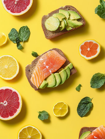 A colorful breakfast spreads out with avocado toast topped with salmon, surrounded by fresh citrus fruits on a sunny yellow background.の素材