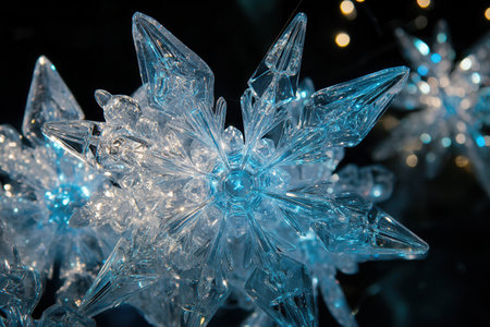 Beautiful icy crystals are intricately formed into festive Christmas decorations resembling stars and snowflakes, creating a winter wonderland effect.の素材