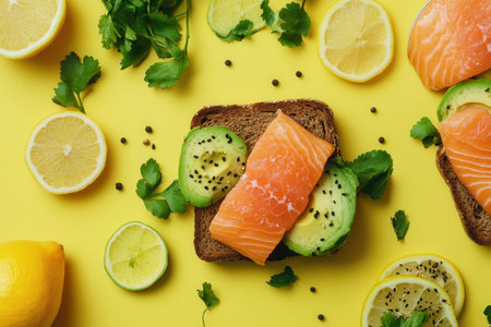A delightful breakfast spread showcases avocado toast topped with salmon and surrounded by fresh citrus fruits on a bright yellow backdrop.の素材