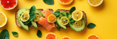 Savor a colorful breakfast spread with avocado toast, slices of salmon, and fresh citrus fruits arranged beautifully on yellow.の素材