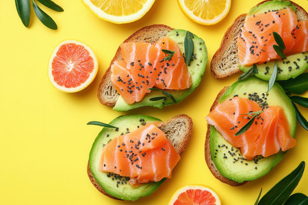 Enjoy a nutritious breakfast featuring avocado toast topped with salmon slices, garnished with fresh citrus on a sunny yellow backdrop.の素材