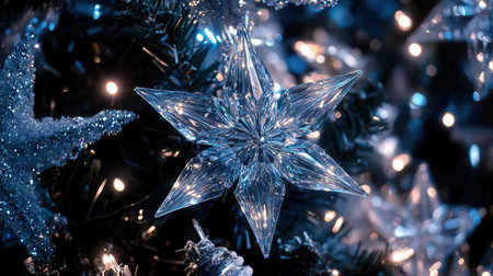 Intricate icy crystal decorations in the shape of stars and snowflakes adorn a beautifully decorated Christmas tree.の素材