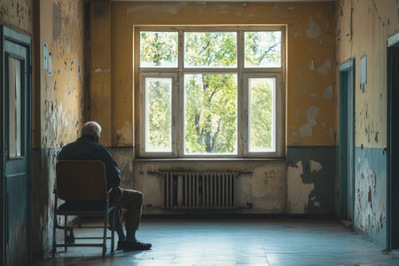 An elderly man sits quietly in an empty nursing home room, gazing out the window as sunlight streams in, symbolizing solitude.の素材