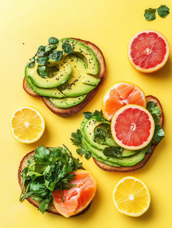 Enjoy a nutritious breakfast with avocado toast topped with salmon and fresh citrus fruits displayed on a vibrant yellow surface.の素材