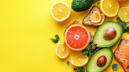 Enjoy a delicious breakfast with avocado toast, smoked salmon, and an array of fresh citrus fruits arranged on a bright yellow backdrop.の素材