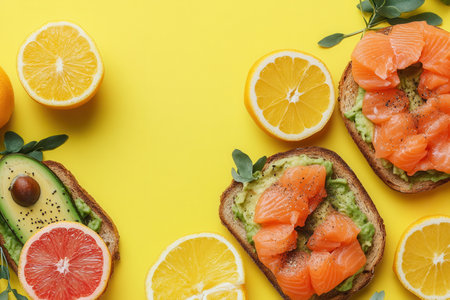 A delicious breakfast highlights spread avocado toast with salmon, accompanied by vibrant citrus fruits on a bright yellow surface.の素材