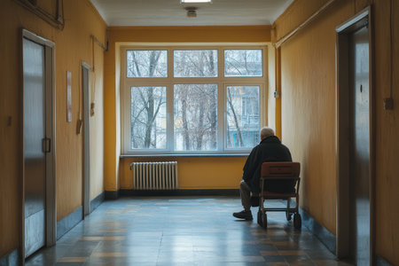 An elderly individual sits in silence at the end of a long hallway, emphasizing feelings of loneliness and isolation in a nursing home setting.の素材