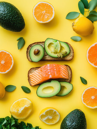 A colorful breakfast display includes avocado toast topped with salmon and surrounded by fresh citrus fruits on a bright yellow backdrop.の素材