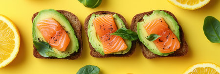Enjoy a nutritious breakfast spread featuring avocado toast topped with salmon and fresh citrus arranged on a bright yellow background.の素材