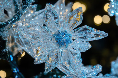 Delicate icy crystals are crafted into stunning Christmas decorations like stars and snowflakes, shining brightly in festive light.の素材