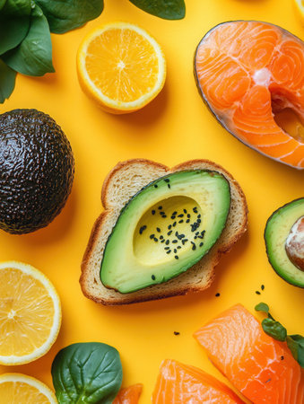 A colorful breakfast features spread creamy avocado toast, succulent salmon, and refreshing citrus fruits, all on a yellow backdrop.の素材