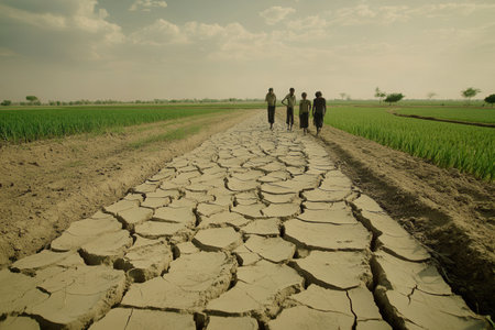Families traverse parched landscapes collecting scarce water, highlighting the struggle against hunger and drought in their community.の素材