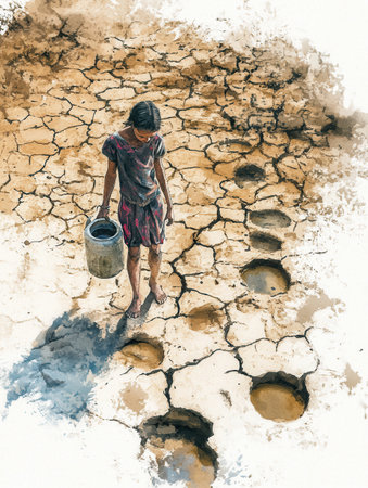 People in a drought-affected area struggle to collect dirty water from dry wells and cracked land, symbolizing severe scarcity.の素材