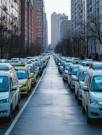 Medical masks and long lines of ambulances reflect the ongoing struggle against diseases in densely populated hospitals.の素材