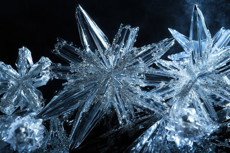 Large icy crystals arranged as elegant Christmas decorations sparkle with a frosty elegance, creating a festive winter atmosphere.の素材