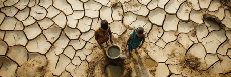 Villagers with weary expressions gather near a dry well, searching for water in parched, cracked earth amidst severe drought.の素材