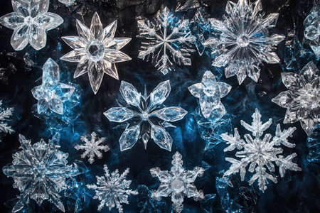 Delicate icy crystals create a festive display of Christmas decorations featuring stars and snowflakes on a contrasting surface.の素材