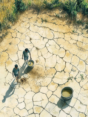 Hollow-faced individuals gather polluted water from empty wells in dry, cracked terrain, illustrating the harsh reality of water scarcity.の素材