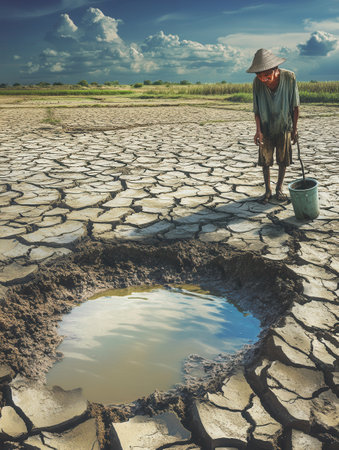 People with hollow faces are collecting dirty water from cracked earth, highlighting severe hunger and critical water shortages in rural regions.の素材