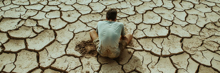 People with hollow faces search for water in arid fields, highlighting the harsh reality of hunger and extreme drought conditions.の素材