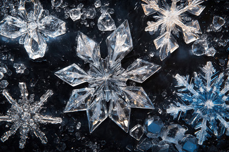 Elegant icy crystals are arranged as stars and snowflakes, enhancing the festive spirit of the holiday season in a winter wonderland.の素材