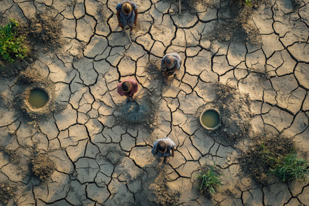 Desperate individuals collect dirty water from empty wells in arid fields suffering from severe drought conditions.の素材