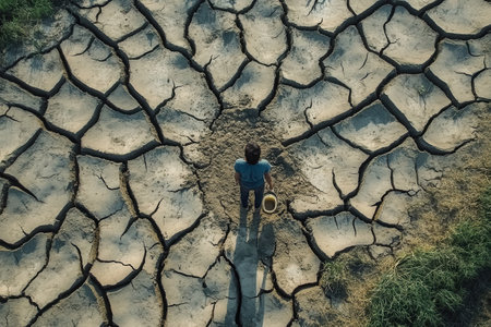 Desperate individuals gather contaminated water in arid landscapes, showcasing severe hunger and water scarcity as wells run dry.の素材