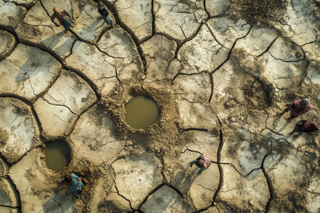 In a desolate landscape, people with hollow faces gather dirty water from drying wells, highlighting the dire consequences of drought.の素材