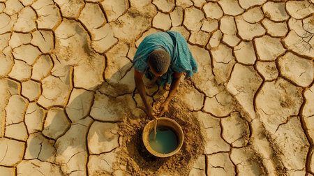 People with hollow faces gather dirty water from empty wells in a drought-stricken area with cracked earth and dried-up fields.の素材