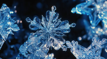 Delicate icy crystals are skillfully arranged as traditional Christmas decorations, resembling stars and snowflakes in winter.の素材