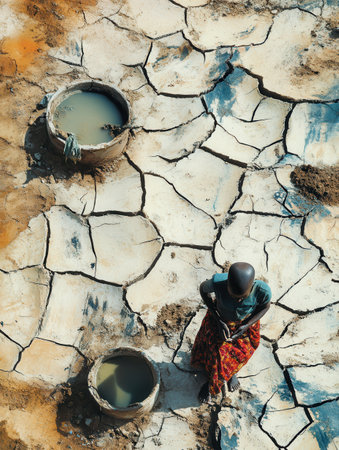 People with hollow expressions collect dirty water from empty wells in dried-up fields, highlighting devastating hunger and water scarcity.の素材