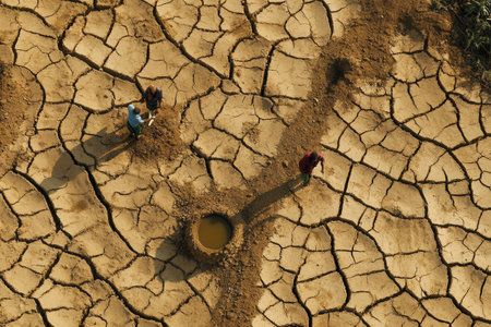People with hollow faces struggle to collect dirty water from arid fields, highlighting the dire consequences of hunger and water scarcity.の素材