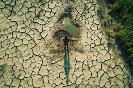 People with hollow faces struggle to collect dirty water from a small puddle in parched, cracked earth, embodied desperation.の素材