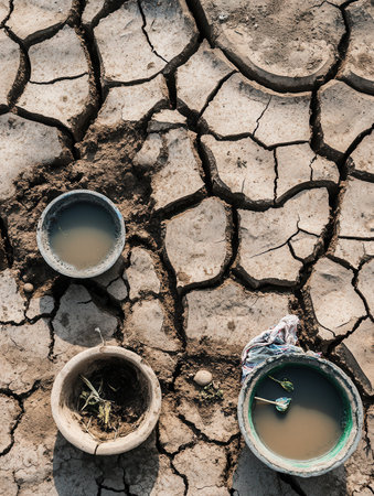 People with hollow faces collect contaminated water from empty wells in parched fields suffering from severe drought and hunger.の素材