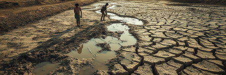 People with hollow faces collect dirty water from cracked earth in desolate fields emblematic of severe hunger and water scarcity.の素材