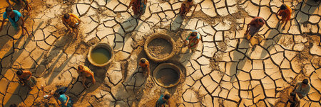 People with hollow faces gather contaminated water from parched earth, symbolizing the severe impact of drought and hunger.の素材