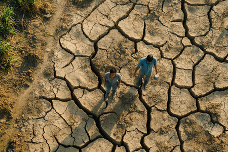 People with hollow expressions gather contaminated water from empty wells in parched fields suffering from severe drought conditions.の素材