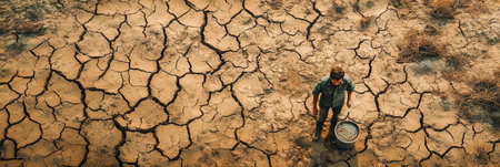 In a barren field with cracked earth, people with hollow expressions gather dirty water, illustrating the urgent plight of water scarcity.の素材