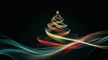 Intertwined lines in vibrant colors form a striking silhouette of a Christmas tree, emanating a festive and modern atmosphere.の素材
