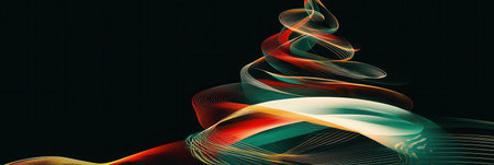 Colorful, swirling lines form a creative interpretation of a Christmas tree in a dark setting, capturing a festive essence.の素材
